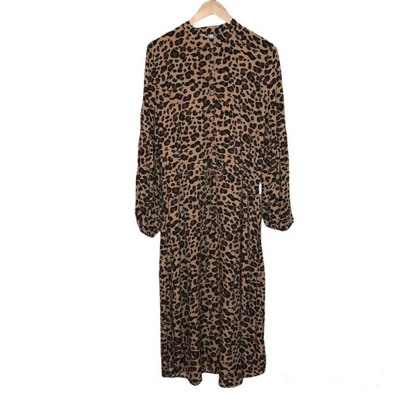 Kirundo Leopard Print Dress Size M Balloon Sleeve Drawstring Waist Buttons NEW - Picture 2 of 10